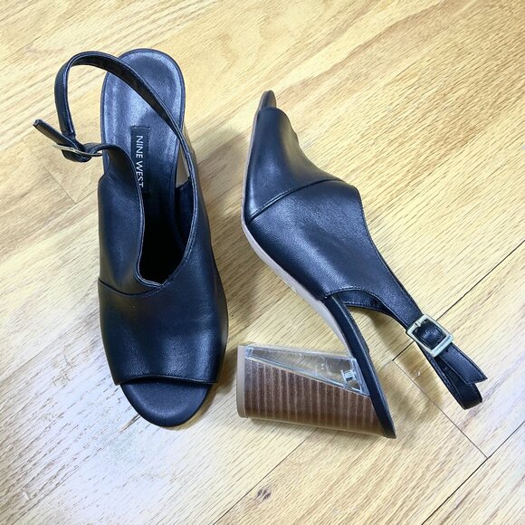 Nine West Heels Leather Peep Toe Slingback Black Morenzo (9) - Picture 1 of 8